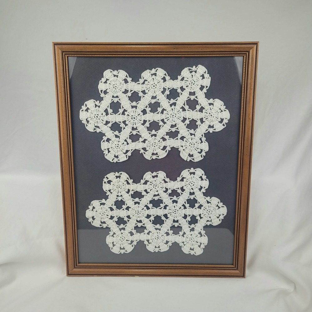 Vintage Framed Crochet Lace Wall Art White Doilies Wood Frame